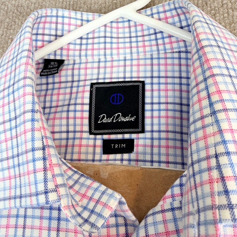 David Donahue Mens Dress Shirt 16 1/2 34/35 Blue Pink Plaid Cotton Trim Fit - Picture 2 of 15